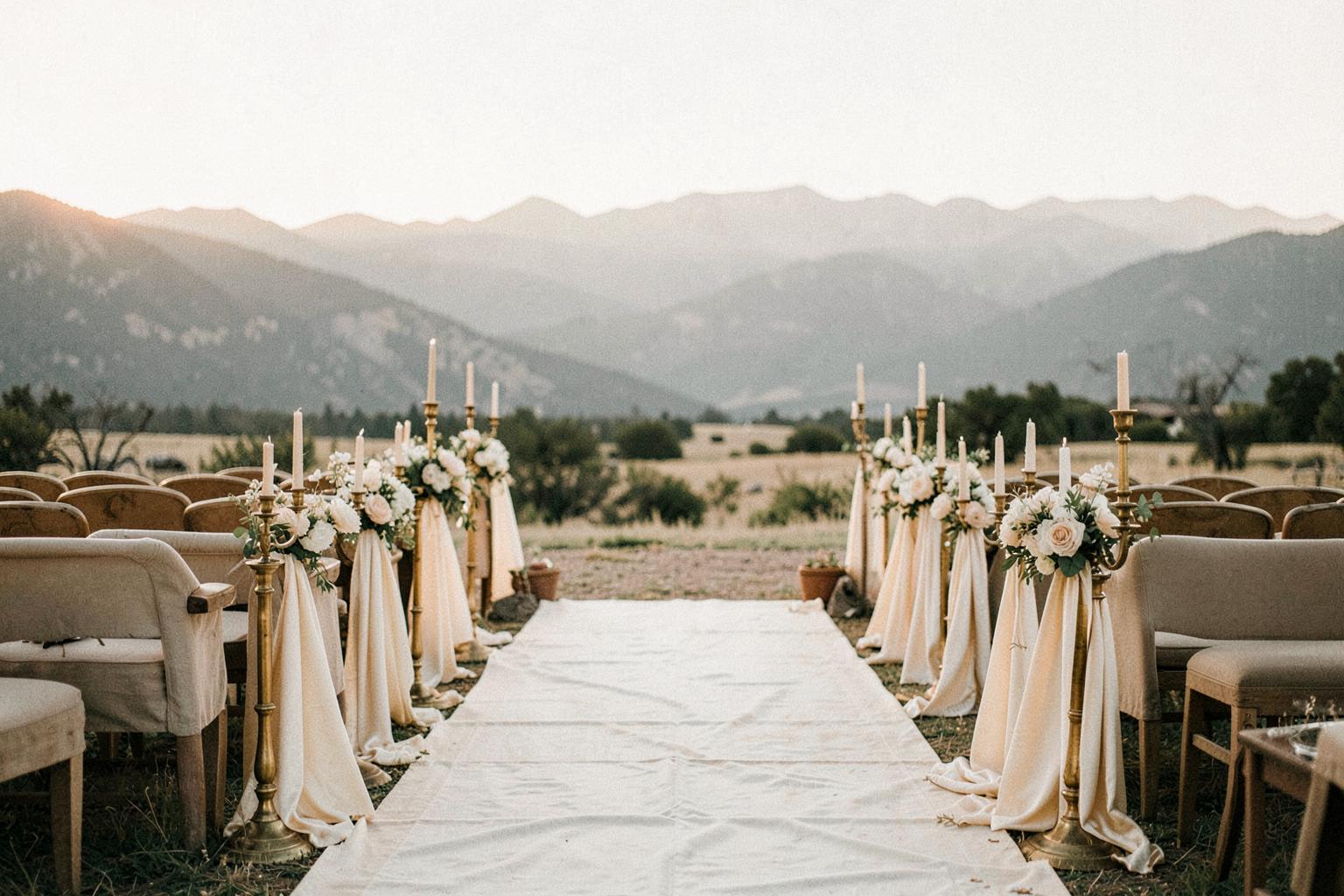 Ceremony aisle set at dawn with gold candle stands and mountain range beyond