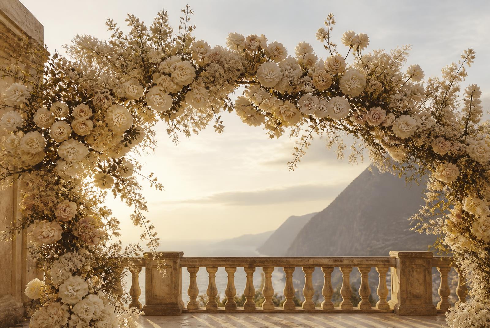 Imported floral design in champagne and ivory tones