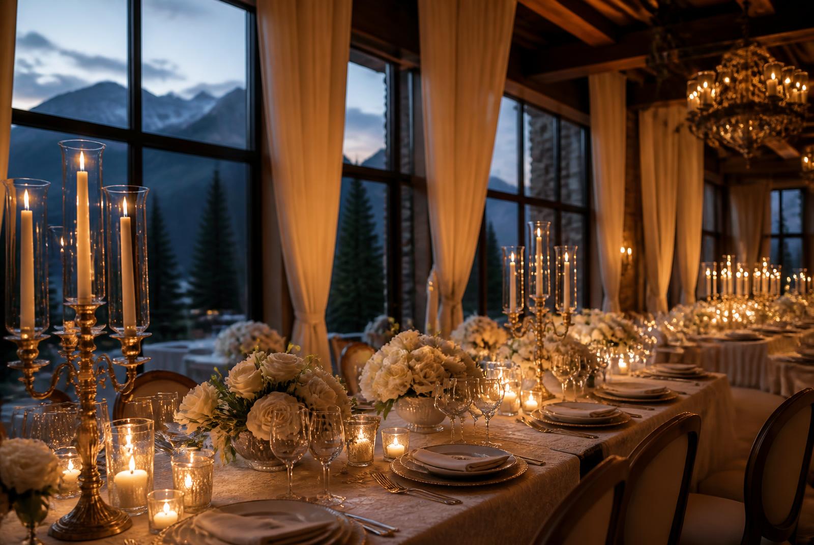 Candlelit reception under mountain dusk